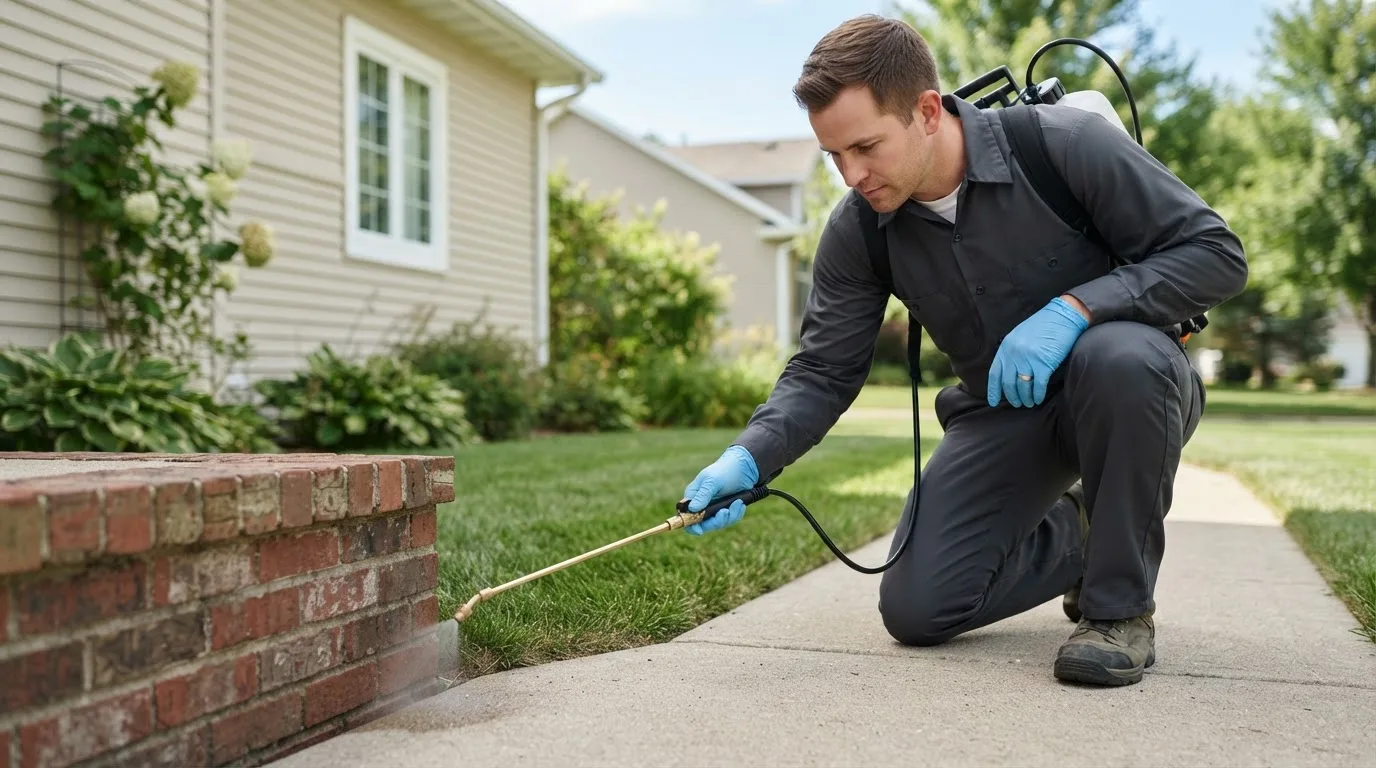 Pest control technician treating a home near Manorville, NY