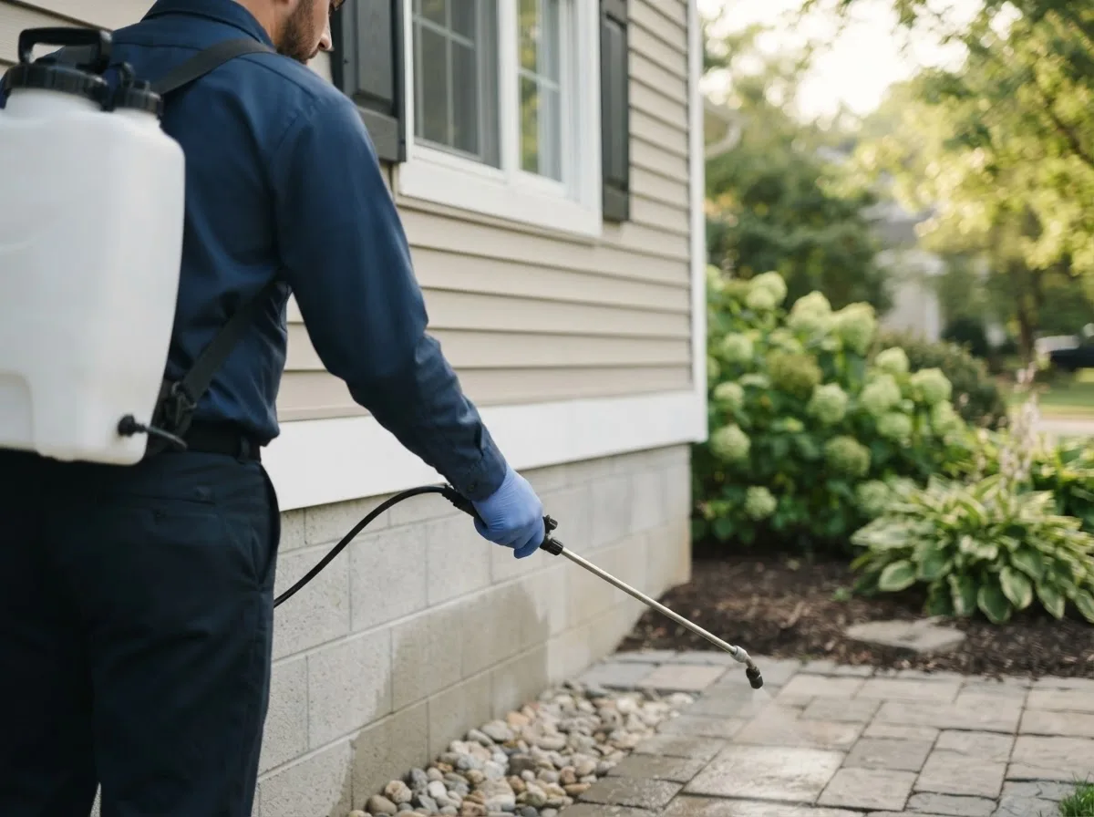 Pest control technician inspecting a home in Manorville, NY